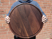 Load image into Gallery viewer, 18" Walnut Personalized Round Board with Juice Groove, 18โ Round Personalized Charcuterie Board, Wedding Gift, Gift For the Couple, USA Made
