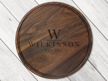 Load image into Gallery viewer, 18" Walnut Personalized Round Board with Juice Groove, 18โ Round Personalized Charcuterie Board, Wedding Gift, Gift For the Couple, USA Made