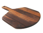 Walnut pizza peel shown at an angle on white, with a broad tapered surface and long handle.