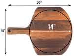 Pizza peel size diagram with labeled overall and surface dimensions.