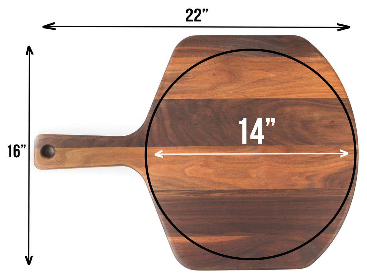 Pizza peel size diagram with labeled overall and surface dimensions.
