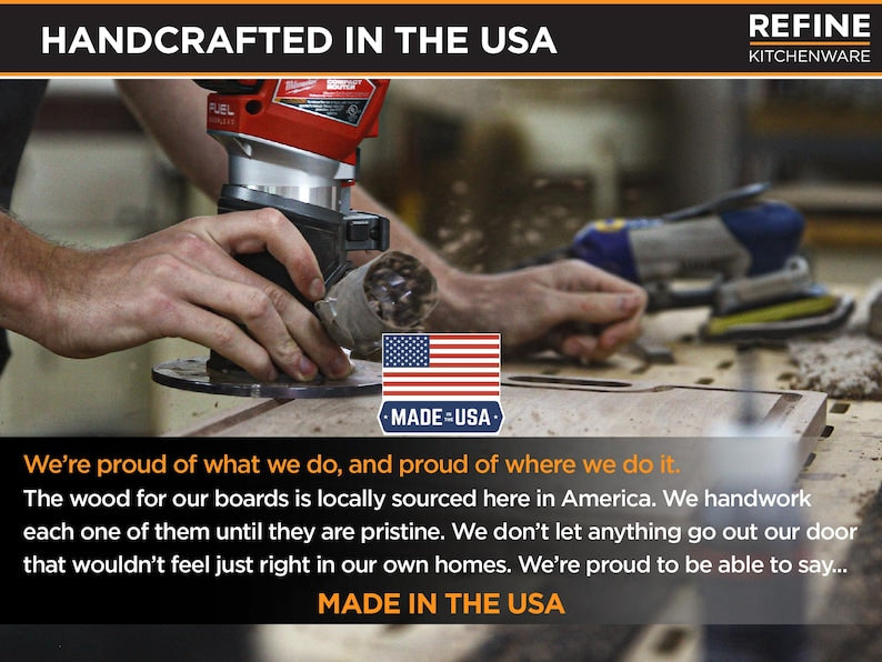 Craftsman shaping a wooden board; graphic highlights Refine boards handcrafted in the USA.