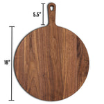 Walnut round pizza paddle with labeled 18-inch circular surface and 5.5-inch handle dimensions.