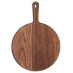 Walnut 18-inch round pizza paddle with integrated handle on a white background.
