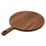 Walnut round pizza paddle, angled view.