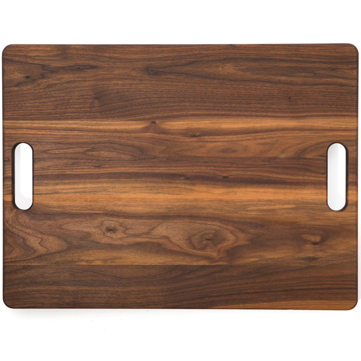 Walnut 24 × 18 extra-large cutting board with cutout handles, reverse face