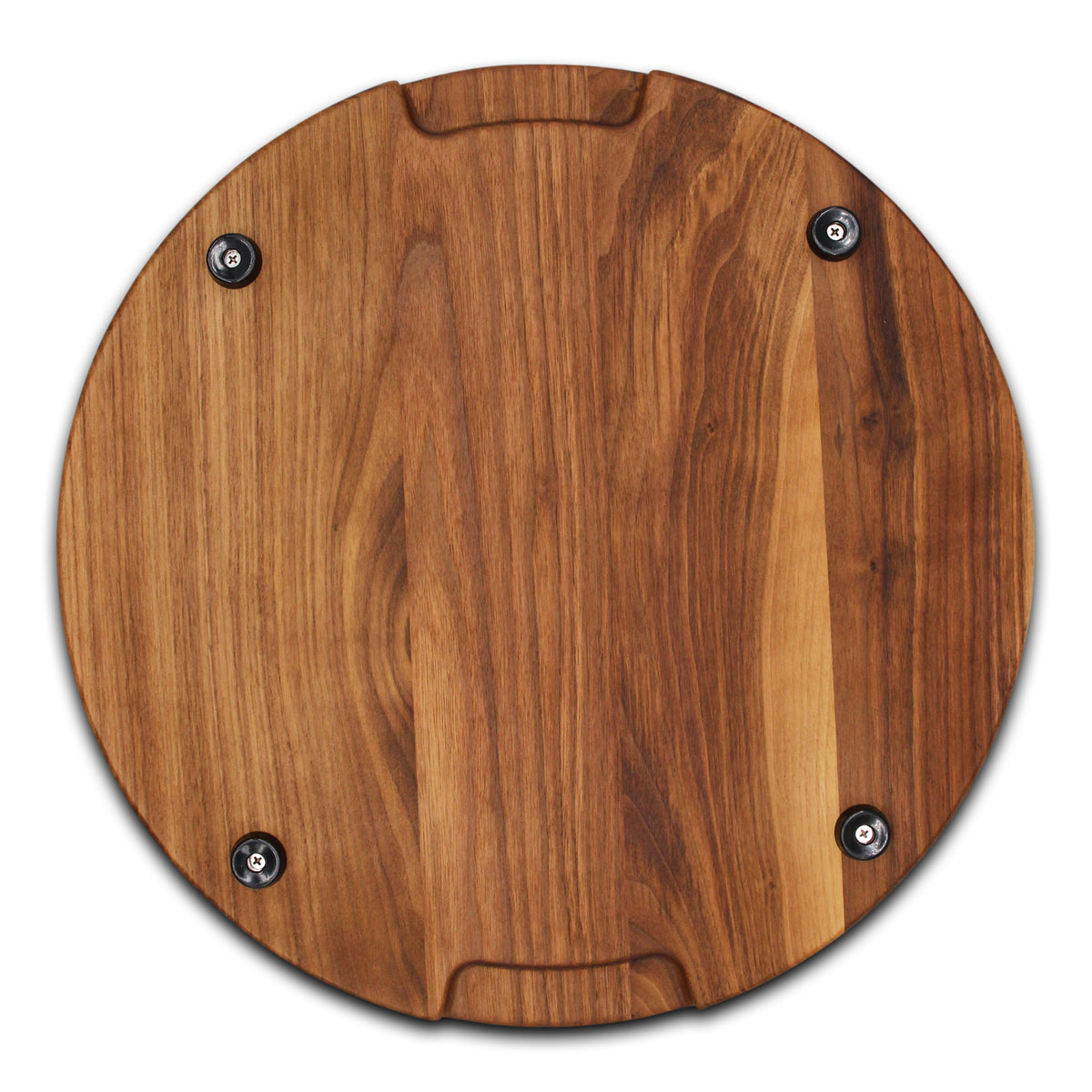 Walnut 18-inch thick round cutting board underside with four black rubber feet, straight-on view.