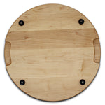 Maple 18-inch thick round cutting board underside with four black rubber feet, straight-on view.