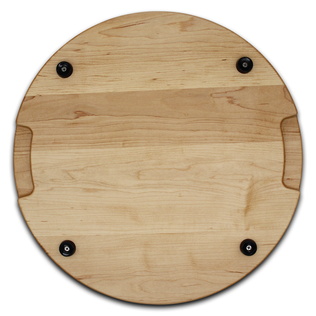 Maple 18-inch thick round cutting board underside with four black rubber feet, straight-on view.