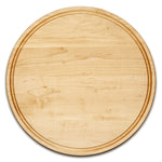 Maple 18-inch thick round cutting board with juice groove, top view.
