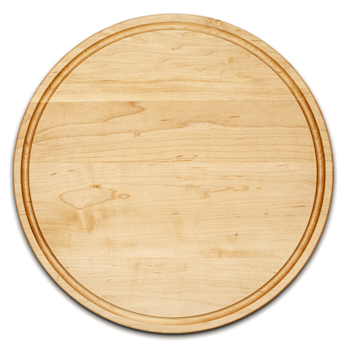 Maple 18-inch thick round cutting board with juice groove, top view.