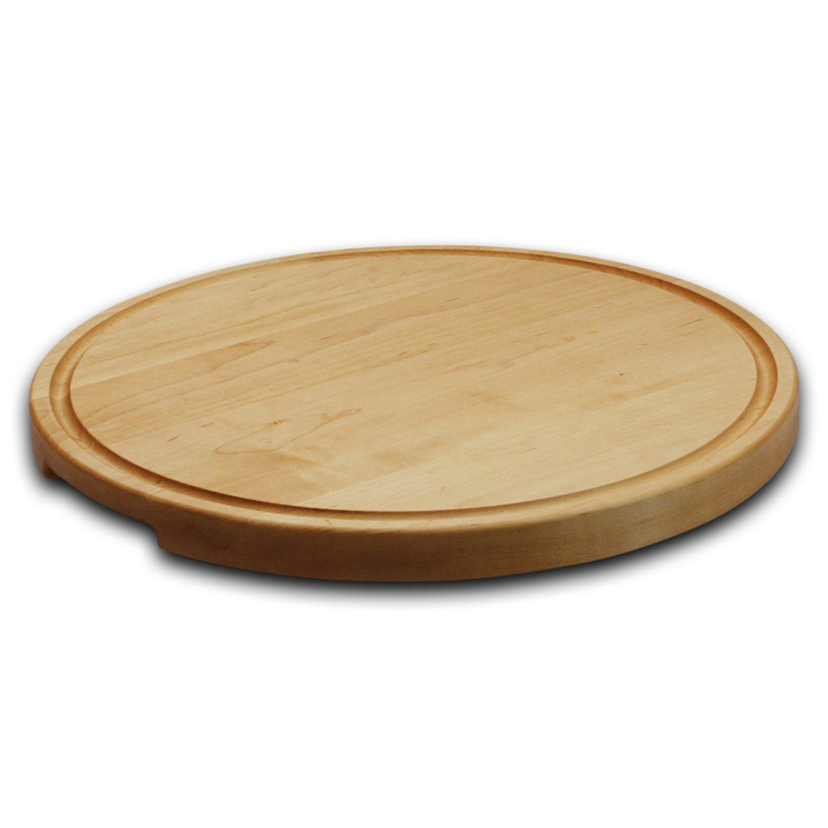 Maple 18-inch thick round cutting board with juice groove, angled view showing thickness.