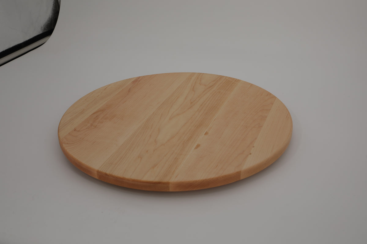 Maple 18-inch round cutting board, angled reverse view