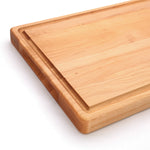 Maple 20 × 15 thick flat-grain cutting board, side-handle and groove detail