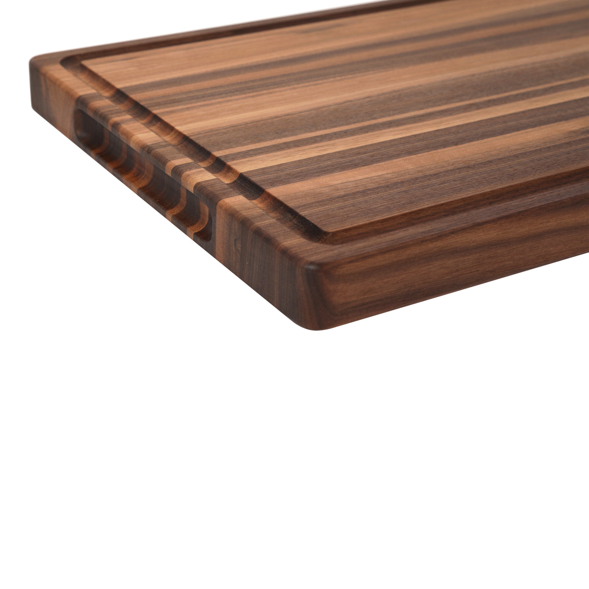 Walnut 18 × 12 edge-grain cutting board, side-handle view