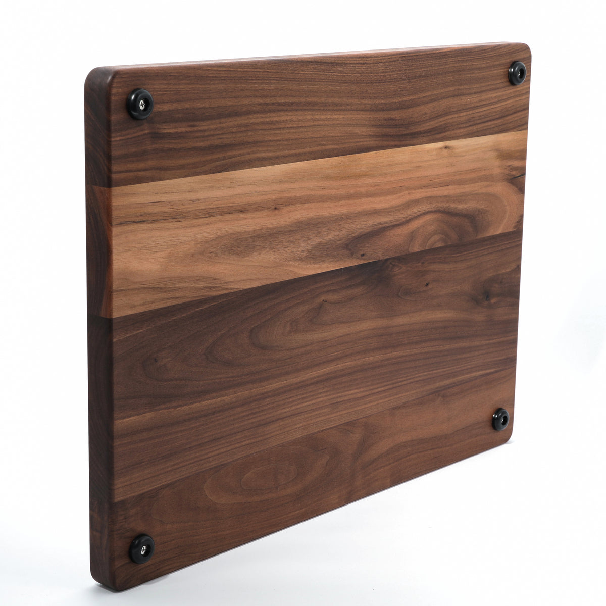 Walnut 24 × 18 thick flat-grain cutting board with Rubber Feet, underside angle