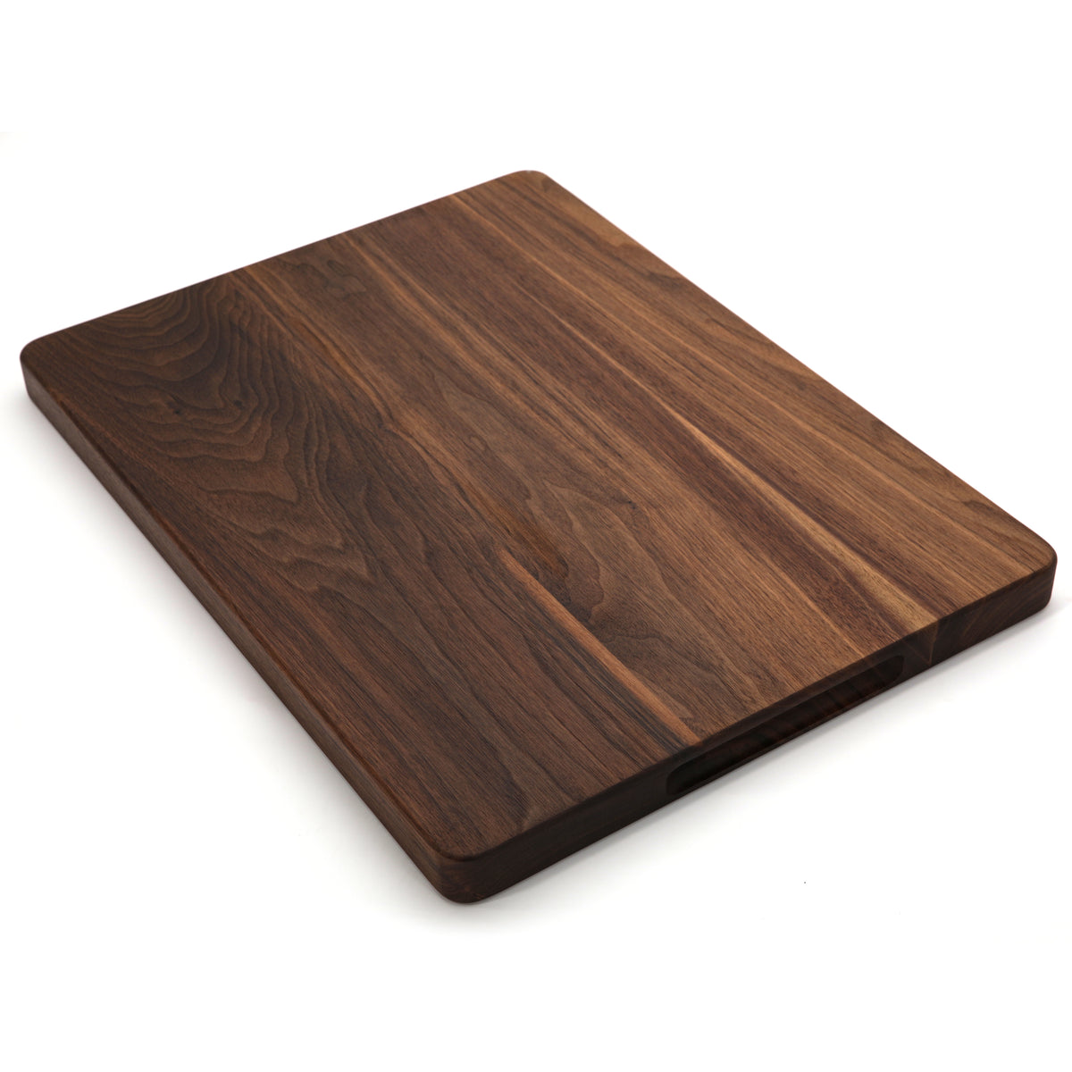 Walnut 20 × 15 thick flat-grain cutting board, plain angled view
