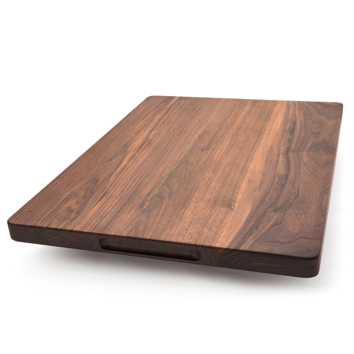 Walnut 24 × 18 thick flat-grain cutting board, plain reverse with side handle