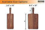Side-by-side size comparison of narrow and wide wooden paddle serving boards, with labeled dimensions.