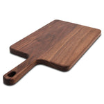 Walnut wide paddle board shown at an angle.