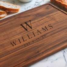 Load image into Gallery viewer, XL Personalized Walnut Serving Tray, 24&quot;x18&quot; Charcuterie Tray, Custom Walnut Cutting Board, Customizable Wedding Board, Made in the USA