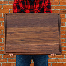 Load image into Gallery viewer, Personalized 1.25” Thick Extra Large Wood Cutting Board with Feet, Pocket Handles and Juice Groove, Butcher Block, Wedding Gift, USA Made