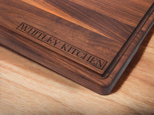 Load image into Gallery viewer, Personalized 1.25” Thick Extra Large Wood Cutting Board with Feet, Pocket Handles and Juice Groove, Butcher Block, Wedding Gift, USA Made