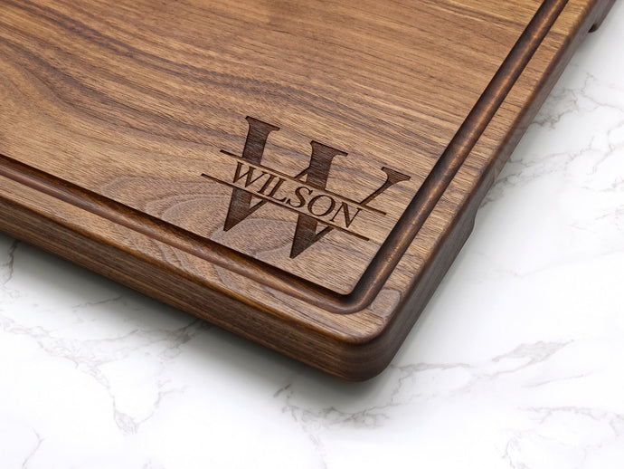 Personalized 1.25” Thick Extra Large Wood Cutting Board with Feet, Pocket Handles and Juice Groove, Butcher Block, Wedding Gift, USA Made
