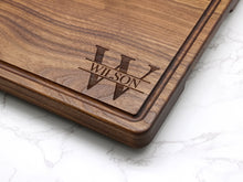 Load image into Gallery viewer, Personalized 1.25” Thick Extra Large Wood Cutting Board with Feet, Pocket Handles and Juice Groove, Butcher Block, Wedding Gift, USA Made