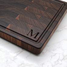 Load image into Gallery viewer, Large Monogram End Grain Cutting Board, Custom Monogram Board, Walnut Butcher Block with Juice Groove, Wedding Gift, Gift for Dad, USA Made