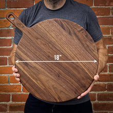 Load image into Gallery viewer, XL Walnut Paddle Cutting Board With Handle, Round Charcuterie Board, Wedding Gift, Charcuterie Board With Handle, 100% Handmade in the USA