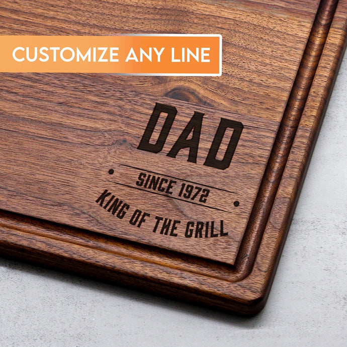 King of the Grill Cutting board, Customizable Gift For Dad, Engraved Cutting Board for Father's Day, Father's Day Gift, Custom Charcuterie Board, Custom Engraved Walnut Cutting Board