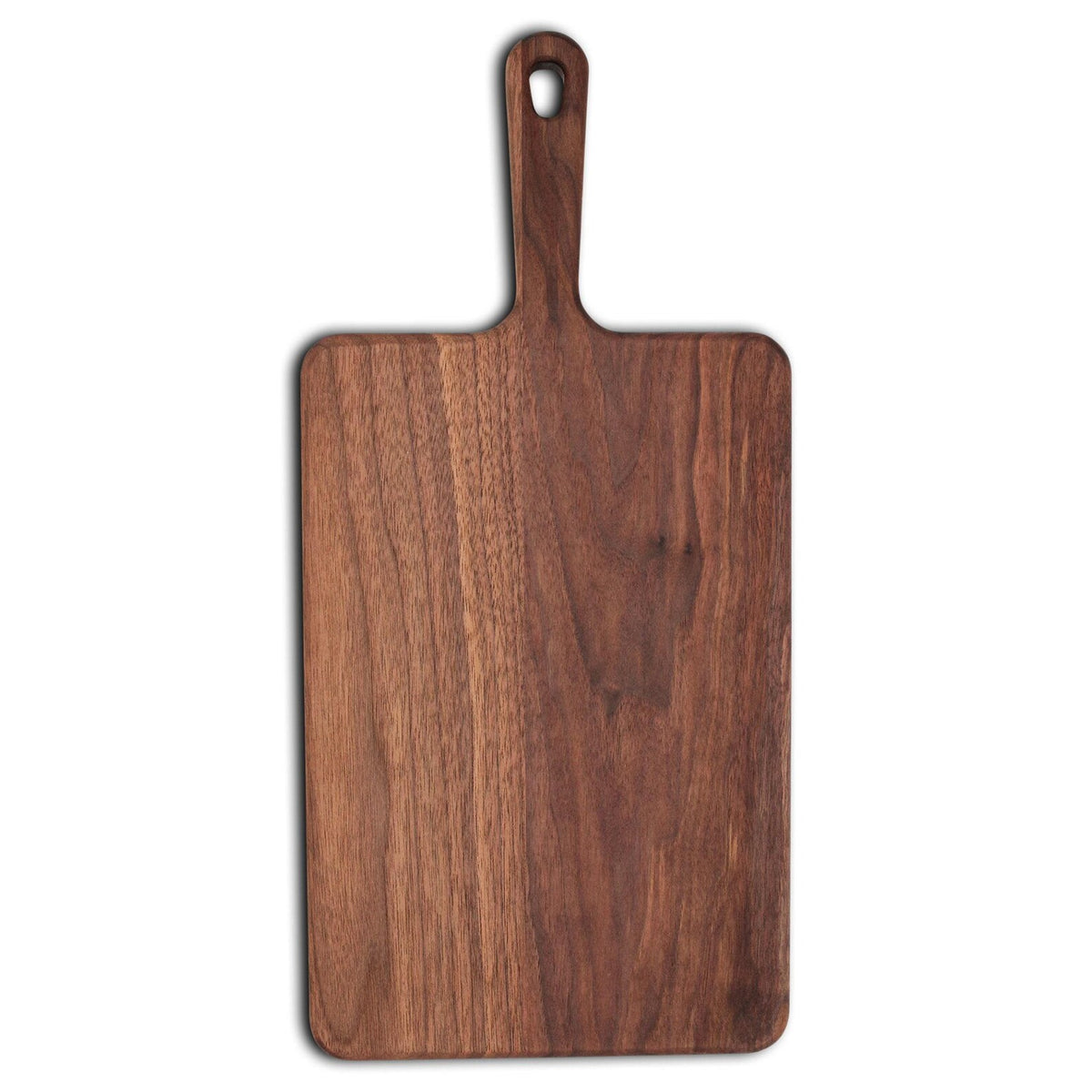 Walnut wide paddle serving board on a white background.