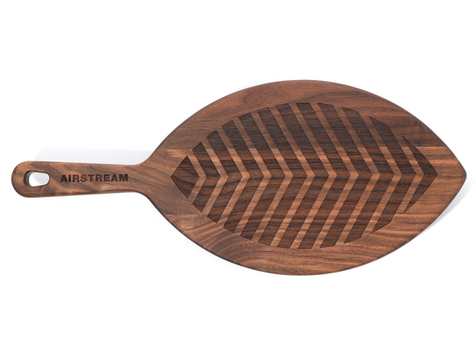 Walnut Airstream paddle with a pointed oval shape and engraved chevron pattern