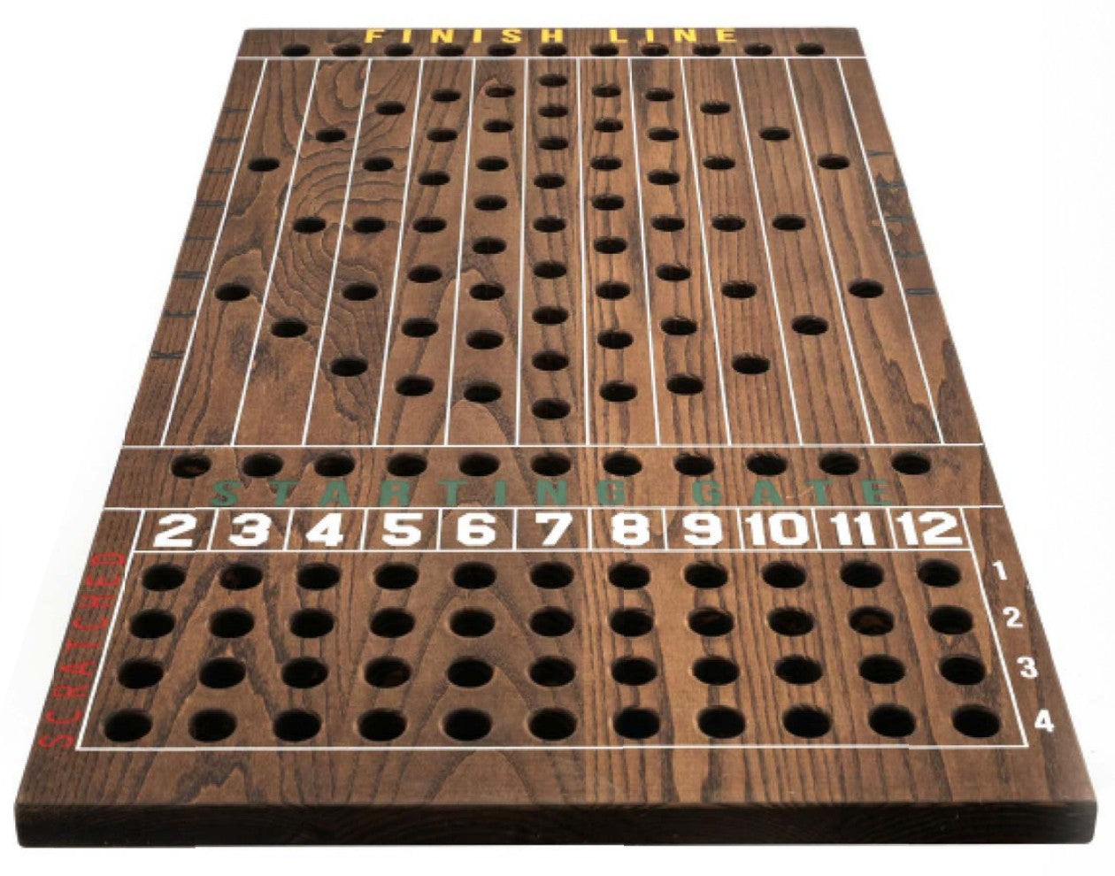 Custom wooden horse-racing game board with starting gate and finish line
