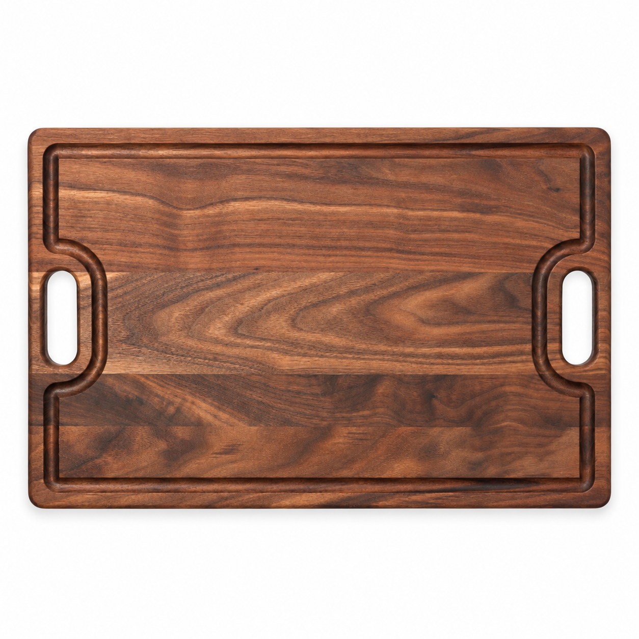 Walnut 18 × 12 flat-grain board with juice groove and cutout handles