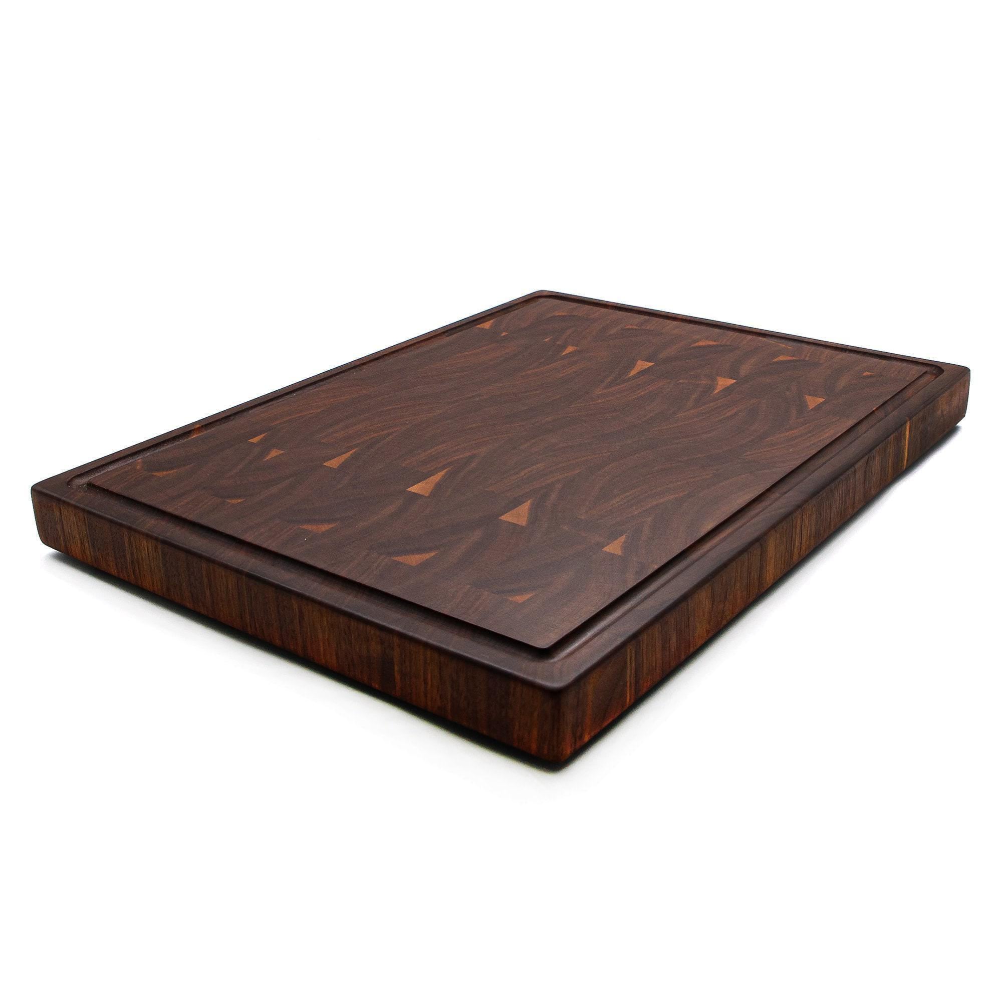 Walnut End-Grain cutting board with juice groove, angled view