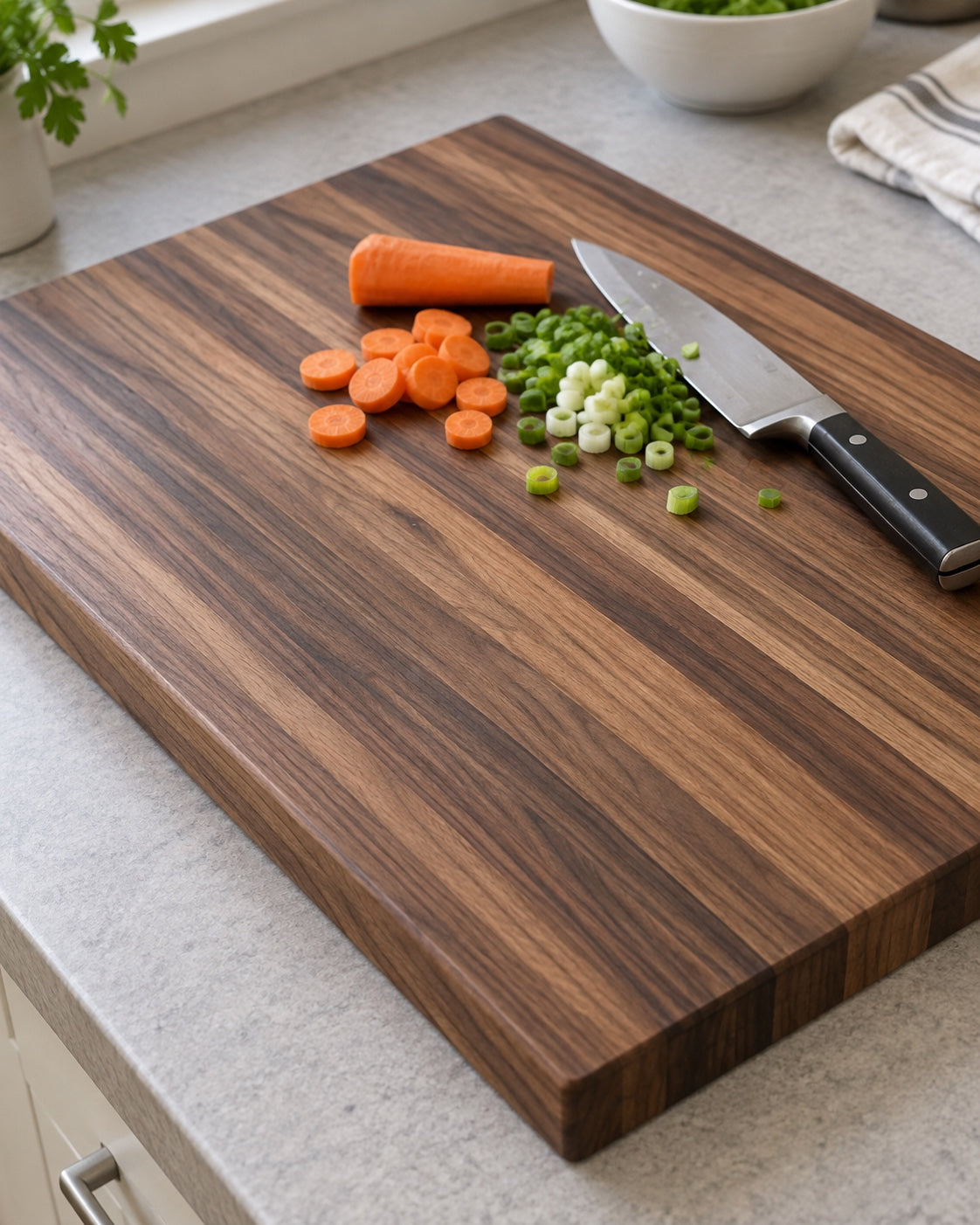Carrots and scallions being prepared on a walnut edge-grain cutting board