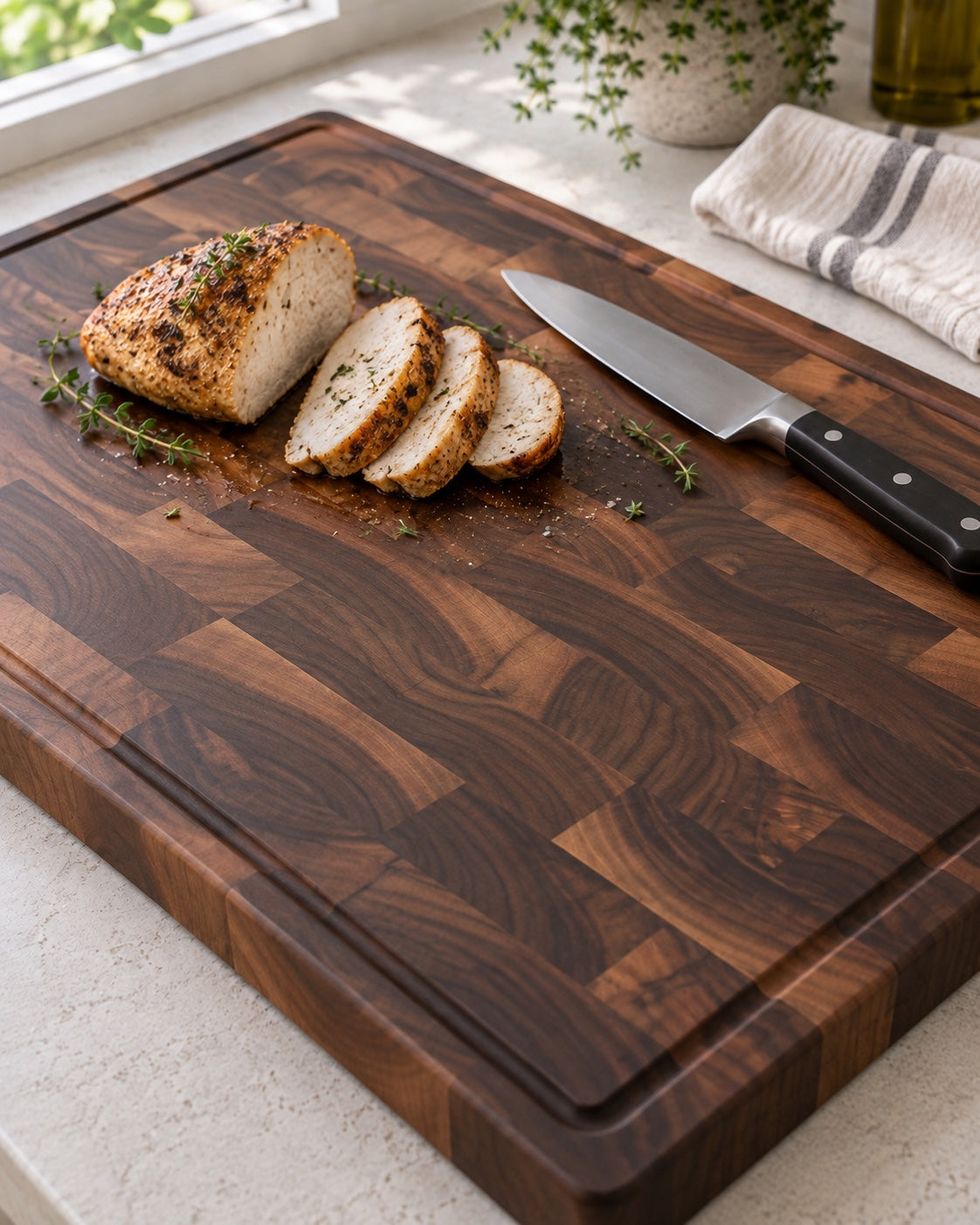 Sliced roast chicken on a walnut end-grain cutting board in a naturally lit kitchen